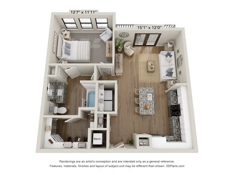 Floor plan for 1 bed, 1 bath, 822 sqft